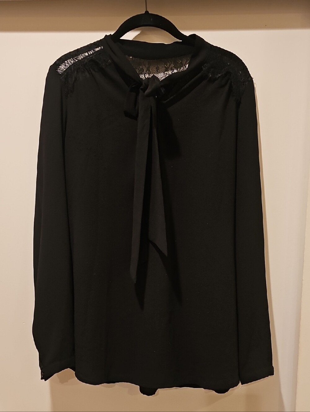 Mossimo Supply Co. Black Tie-Neck Blouse with Lace Shoulders
